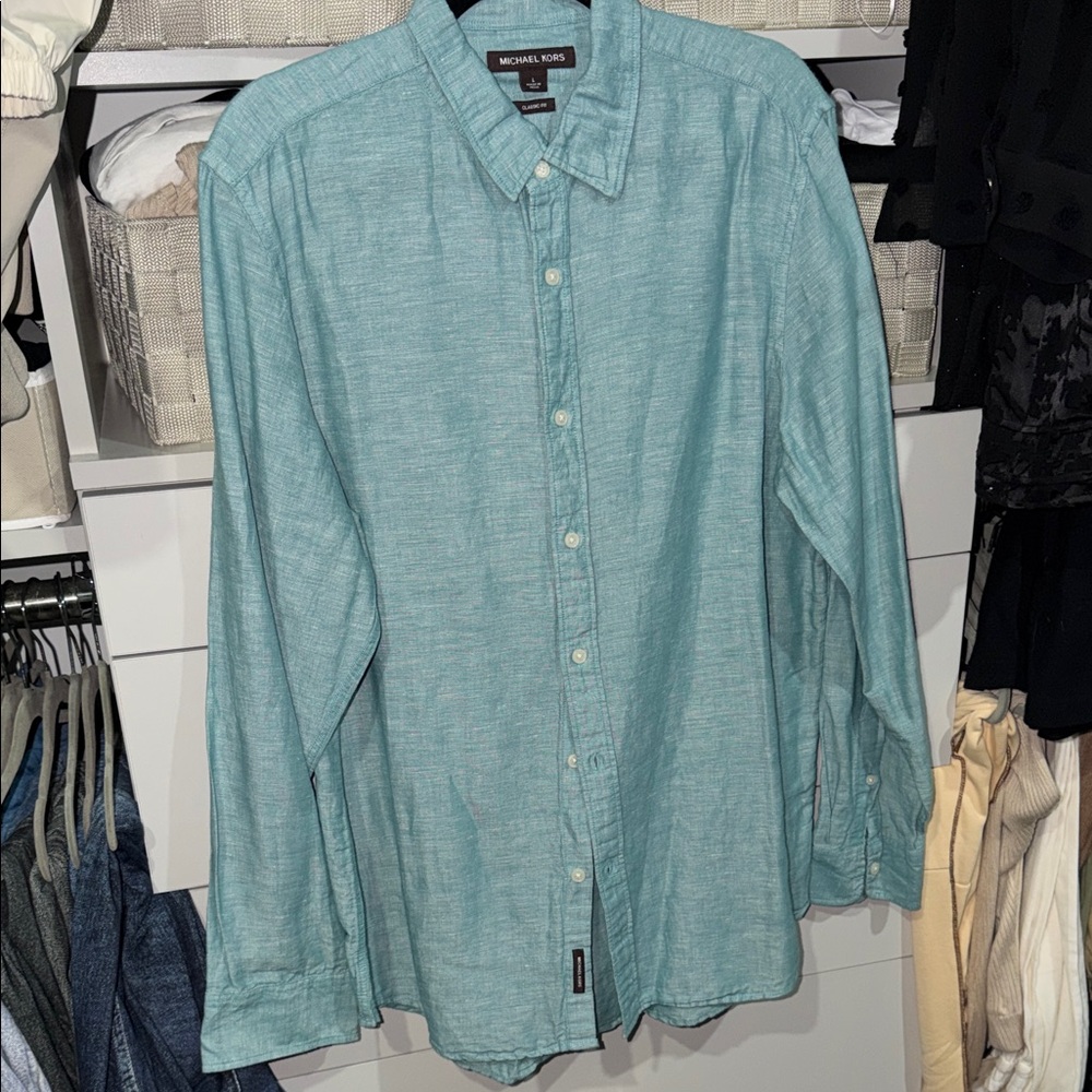 Michael Kors Men's Teal Linen Button Down Shirt NWOT